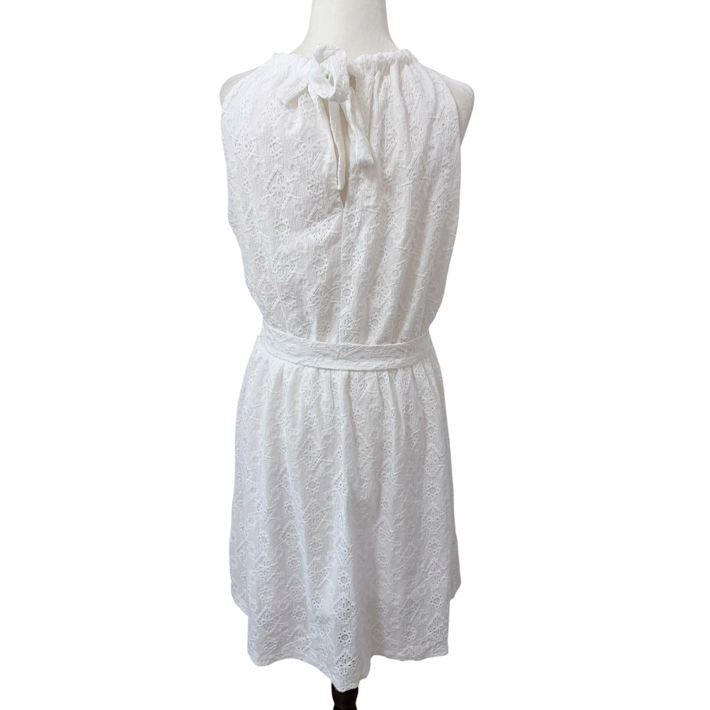White Eyelet Lace Size Large Halter Neck Tie Waist Dress Summer Cottagecore - Picture 8 of 9